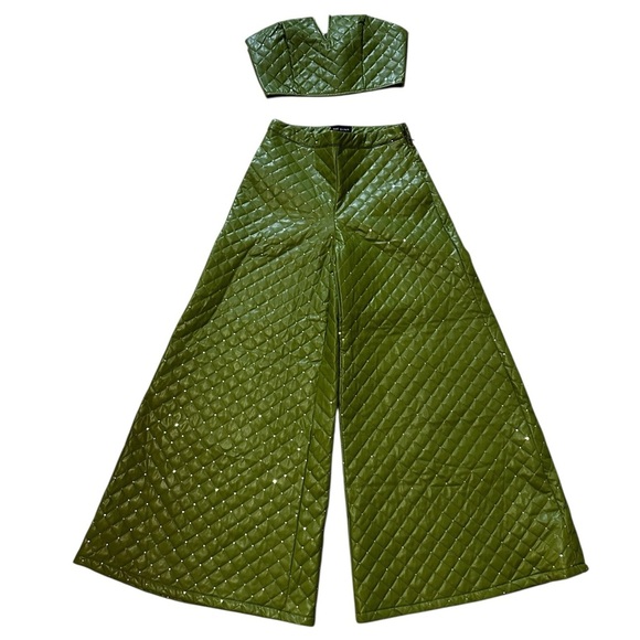 The Quilted Set Olive Sequin Bustier And High Waisted Wide Leg Pants Set Medium - Picture 4 of 15